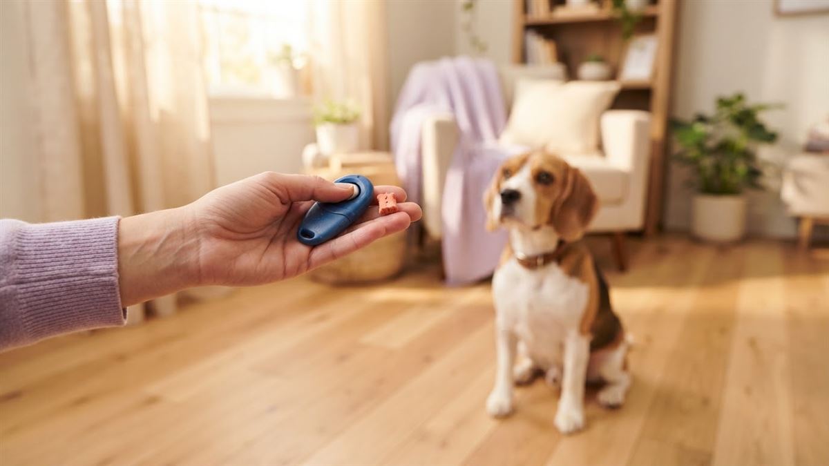 Elde mavi bir clicker ve ödül, arkada dikkatle bekleyen beagle