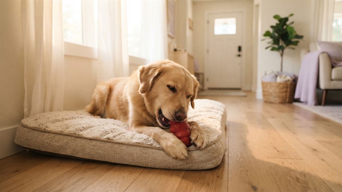 Yatağında dolu çiğneme oyuncağıyla sakin vakit geçiren köpek