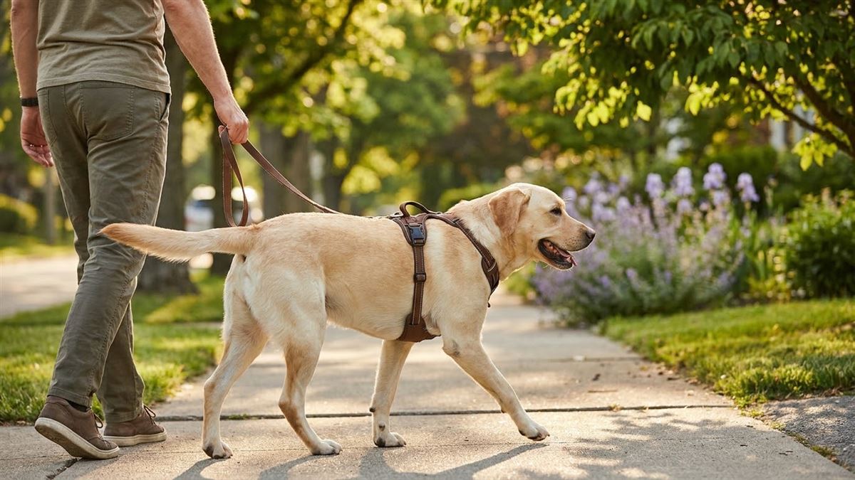Göğüs tasmalı labrador, gevşek tasmayla sahibinin yanında yürüyor