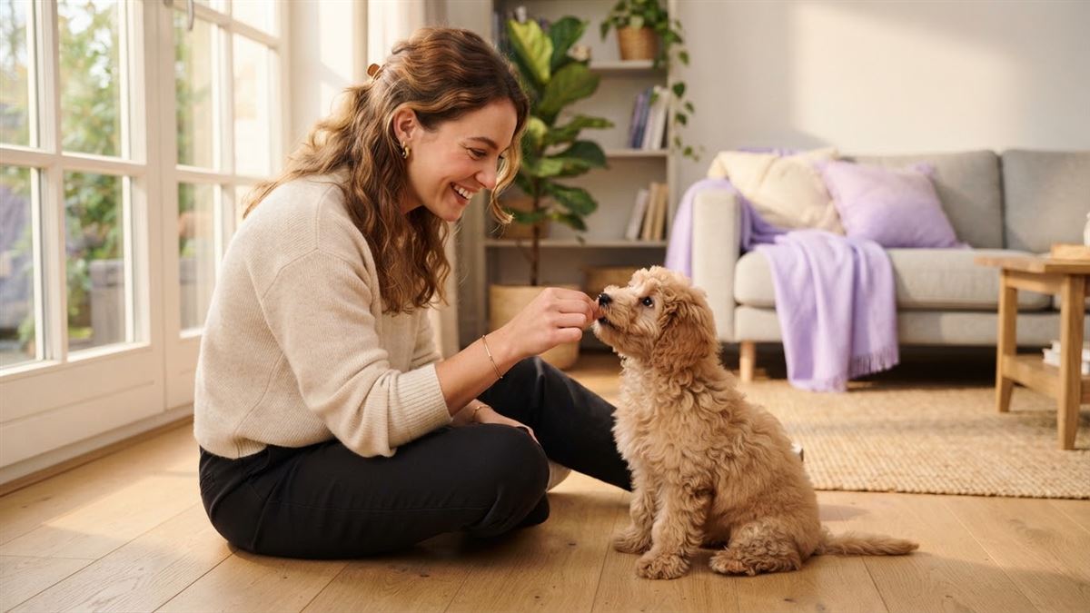 Genç bir kadın, evde yavru bir toy poodle'a ödül vererek eğitim yapıyor